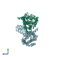 PDB entry 6me9 coloured by chain, side view.