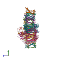 PDB entry 6mem coloured by chain, side view.