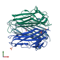 PDB entry 6mge coloured by chain, front view.