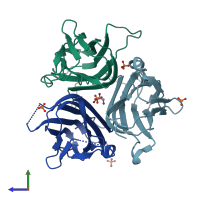 PDB entry 6mge coloured by chain, side view.