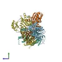 PDB entry 6mgg coloured by chain, side view.