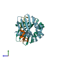 PDB entry 6mj8 coloured by chain, side view.