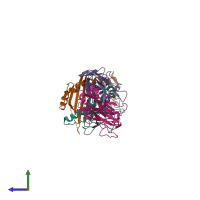 PDB entry 6mkd coloured by chain, side view.