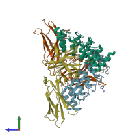 PDB entry 6moe coloured by chain, side view.