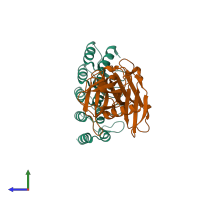 PDB entry 6mof coloured by chain, side view.