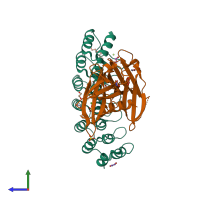 PDB entry 6moi coloured by chain, side view.