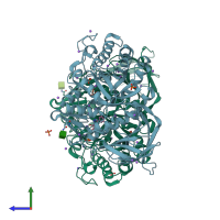 PDB entry 6moz coloured by chain, side view.