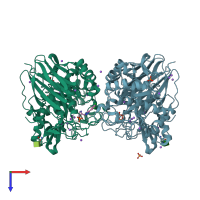 PDB entry 6moz coloured by chain, top view.