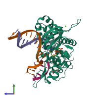 PDB entry 6mr7 coloured by chain, side view.