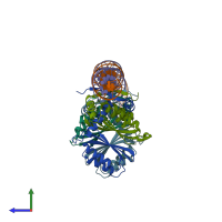 PDB entry 6mrj coloured by chain, side view.