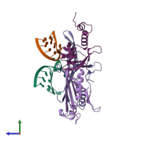 PDB entry 6msf coloured by chain, side view.