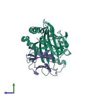 PDB entry 6mt3 coloured by chain, side view.