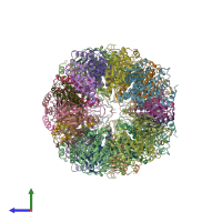 PDB entry 6muw coloured by chain, side view.