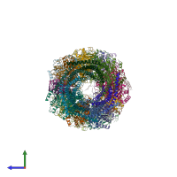 PDB entry 6mux coloured by chain, side view.