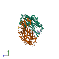 PDB entry 6mv5 coloured by chain, side view.