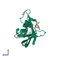 PDB entry 6mv7 coloured by chain, side view.