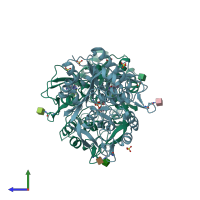 PDB entry 6mvd coloured by chain, side view.