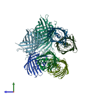 PDB entry 6myb coloured by chain, side view.