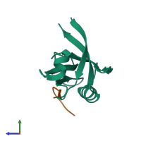 PDB entry 6mye coloured by chain, side view.