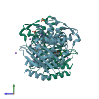 PDB entry 6mz2 coloured by chain, side view.