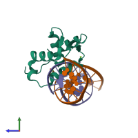 Hetero trimeric assembly 1 of PDB entry 6nce coloured by chemically distinct molecules, side view.