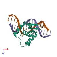 Hetero trimeric assembly 1 of PDB entry 6nce coloured by chemically distinct molecules, top view.