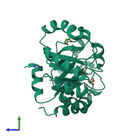 PDB entry 6nke coloured by chain, side view.