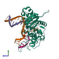 PDB entry 6nkt coloured by chain, side view.