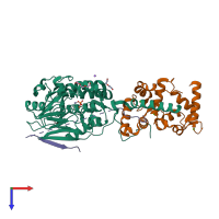 PDB entry 6nuf coloured by chain, top view.