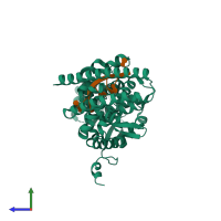 PDB entry 6nut coloured by chain, side view.