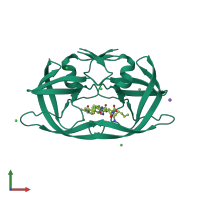 Homo dimeric assembly 1 of PDB entry 6o5x coloured by chemically distinct molecules, front view.