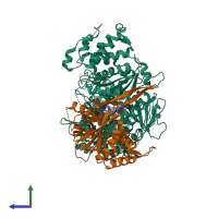 PDB entry 6o75 coloured by chain, side view.