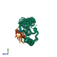 PDB entry 6o7g coloured by chain, ensemble of 15 models, side view.