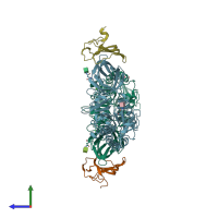 PDB entry 6oau coloured by chain, side view.