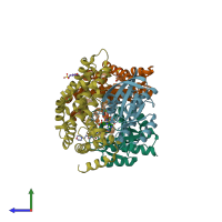 PDB entry 6ob3 coloured by chain, side view.