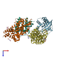 PDB entry 6ob3 coloured by chain, top view.