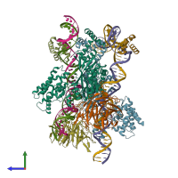 PDB entry 6oem coloured by chain, side view.