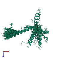 PDB entry 6okx coloured by chain, ensemble of 20 models, top view.