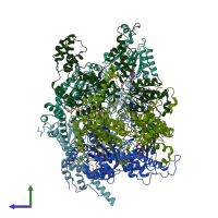 PDB entry 6omb coloured by chain, side view.