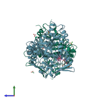 PDB entry 6omq coloured by chain, side view.