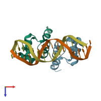 PDB entry 6on0 coloured by chain, top view.