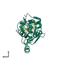 PDB entry 6onq coloured by chain, side view.