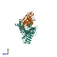 PDB entry 6os0 coloured by chain, side view.