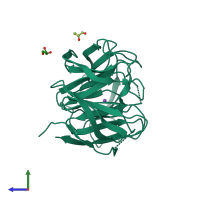 PDB entry 6ou3 coloured by chain, side view.