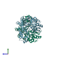 PDB entry 6oux coloured by chain, side view.