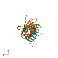 PDB entry 6ov2 coloured by chain, side view.