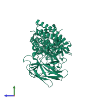 PDB entry 6ovb coloured by chain, side view.