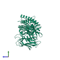 PDB entry 6owk coloured by chain, side view.
