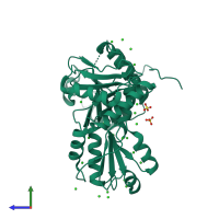 PDB entry 6owv coloured by chain, side view.