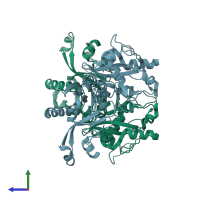 PDB entry 6p3q coloured by chain, side view.
